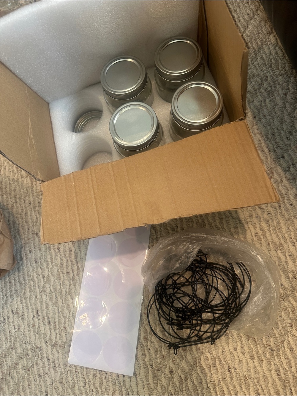 Jar Craft Kit with Set of 4 Clear Glass Jars and Blk Stainless Steel Wire Hanger
